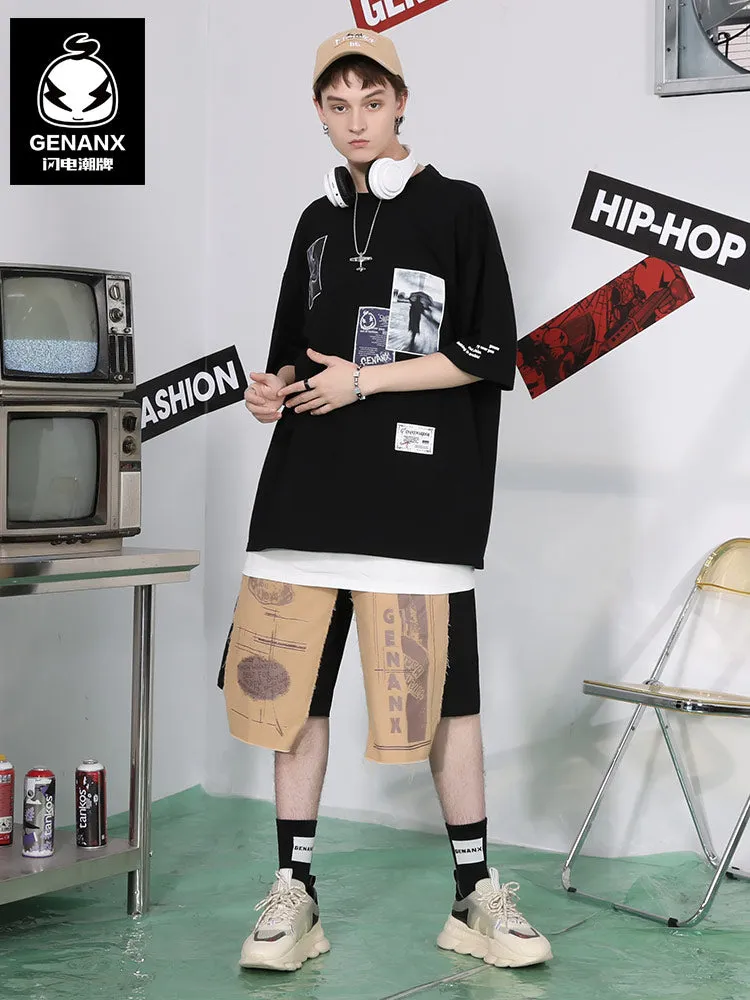 Color Block Patchwork Print Straight Shorts
