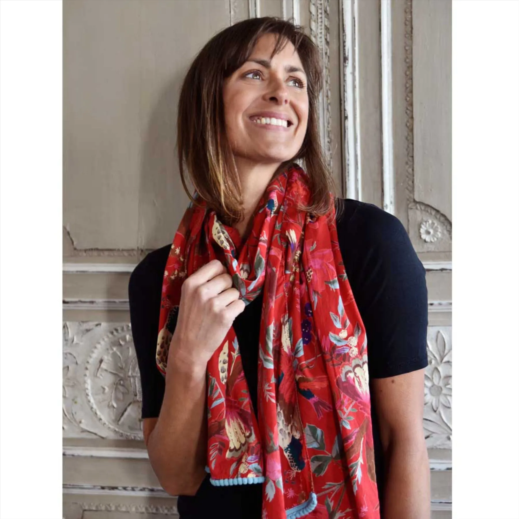 Exotic Bird Scarf With Green Pom-Pom Trim | Red | One Size