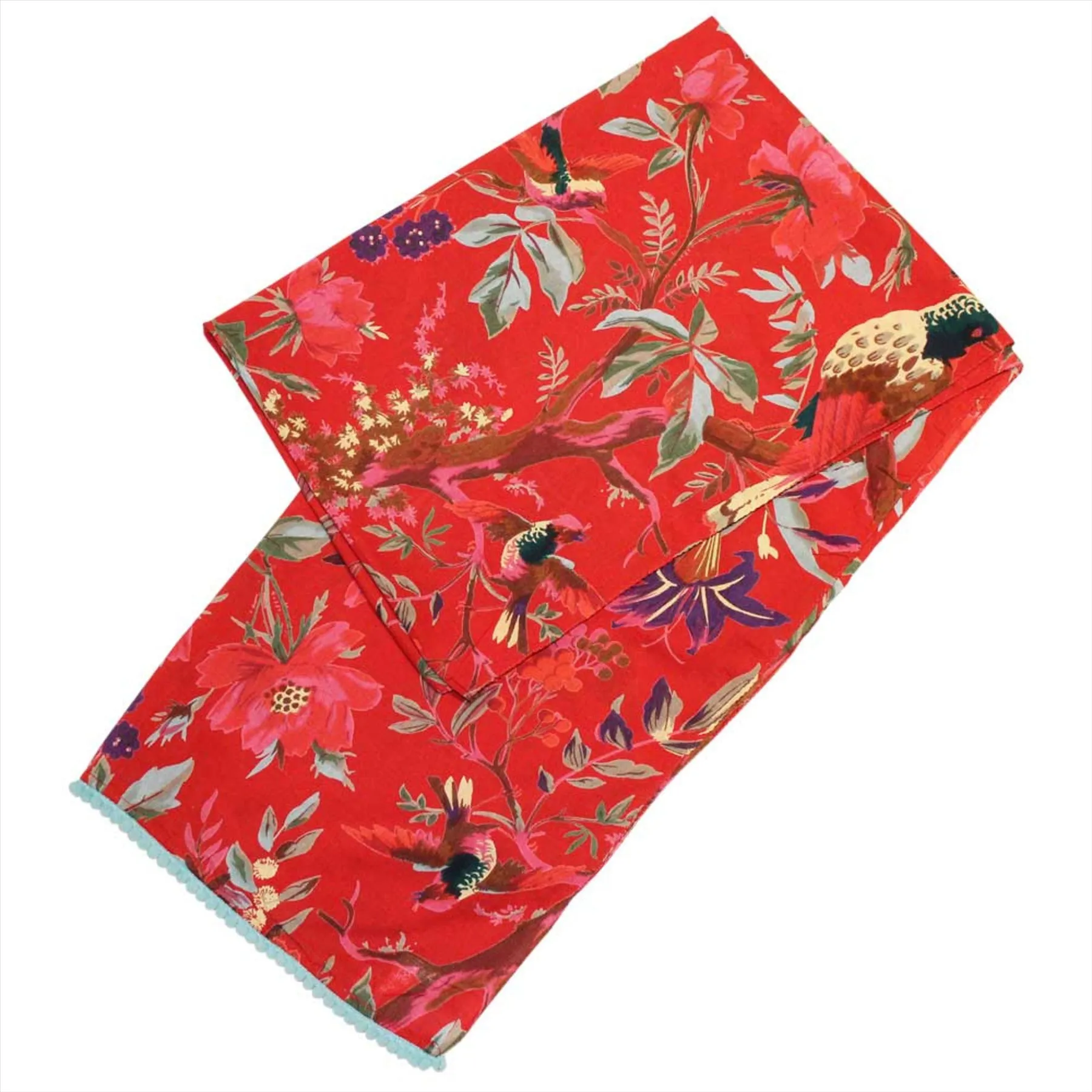 Exotic Bird Scarf With Green Pom-Pom Trim | Red | One Size