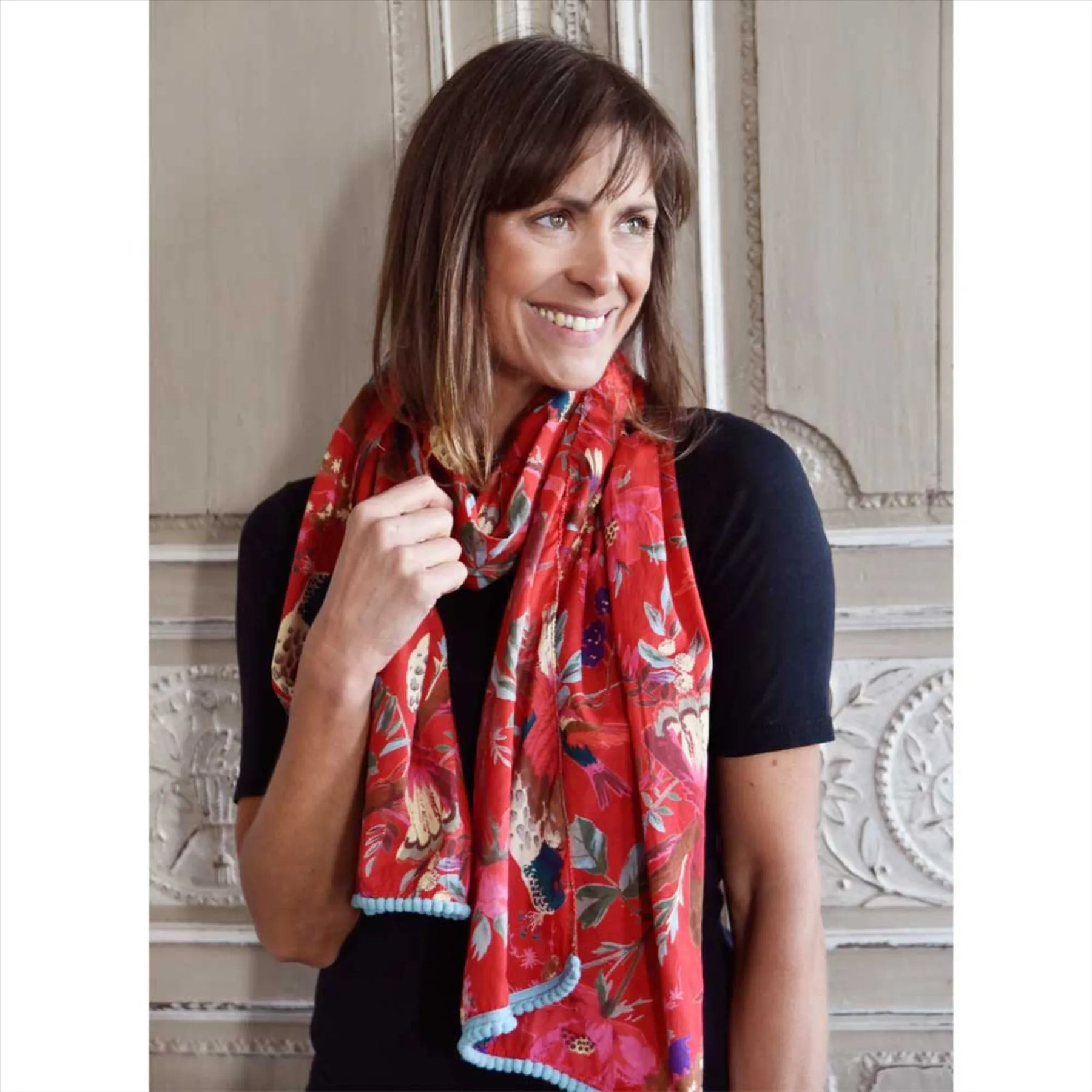 Exotic Bird Scarf With Green Pom-Pom Trim | Red | One Size