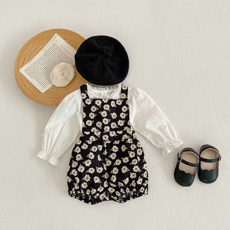 Flower Dungarees & Embroidery Top Set