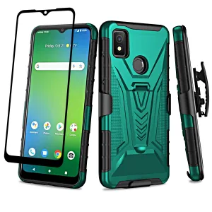 For Cricket Icon 4 Case with Tempered Glass Screen Protector Heavy Duty Protective Phone Case,Built-in Kickstand Rugged Shockproof Protective Phone Case - Teal