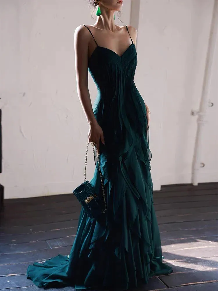 Formal Women's Dresses A line Dark Green Long Prom Dress Ruffle Formal Evening Gown Prom Dress Store ï»