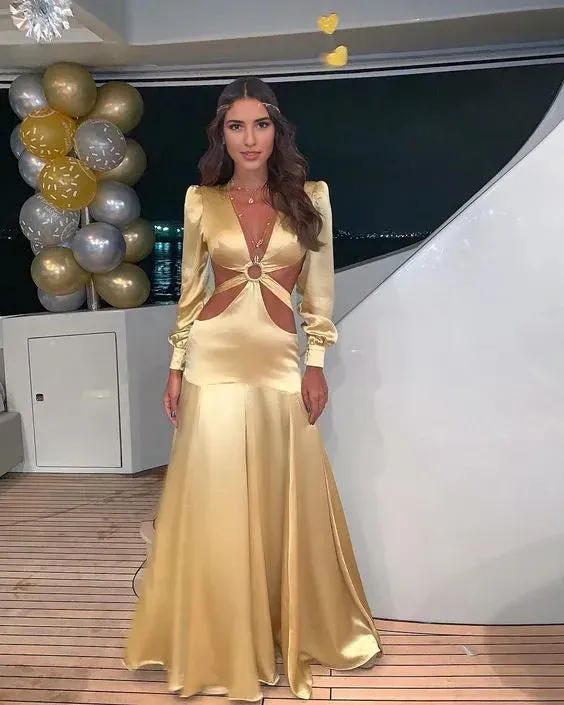Formal Women's Dresses Gold Long Sleeve Deep V Neck Long Prom Dress Evening Dress Formal Dress Prom Dresses Stores