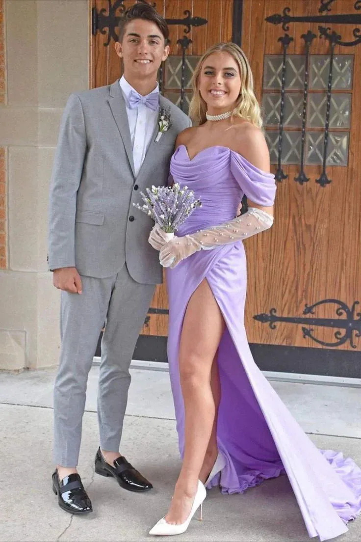Formal Women's Dresses Lavender Off the Shoulder Satin Long Formal Prom Dress Prom Clothing