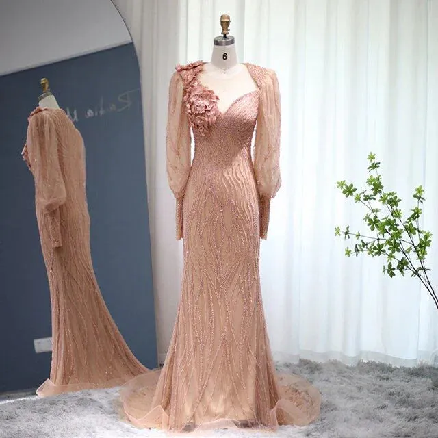 Formal Women's Dresses Luxury Rose Gold Evening Dress Elegant Long Sleeves Formal Dresses Prom Clothing