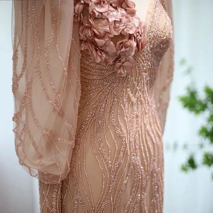 Formal Women's Dresses Luxury Rose Gold Evening Dress Elegant Long Sleeves Formal Dresses Prom Clothing