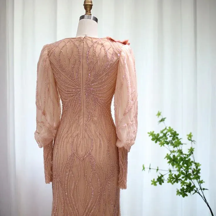 Formal Women's Dresses Luxury Rose Gold Evening Dress Elegant Long Sleeves Formal Dresses Prom Clothing