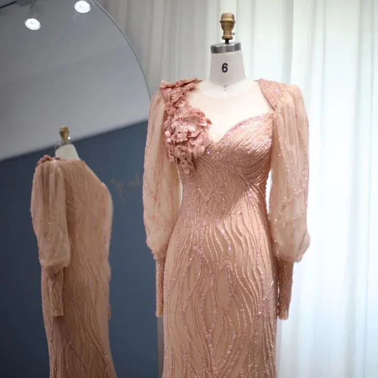 Formal Women's Dresses Luxury Rose Gold Evening Dress Elegant Long Sleeves Formal Dresses Prom Clothing