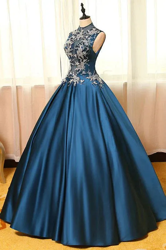 Formal Women's Dresses Peacock Blue Satin Lace Applique Long Prom Dress Formal Evening Dress Prom Clothing