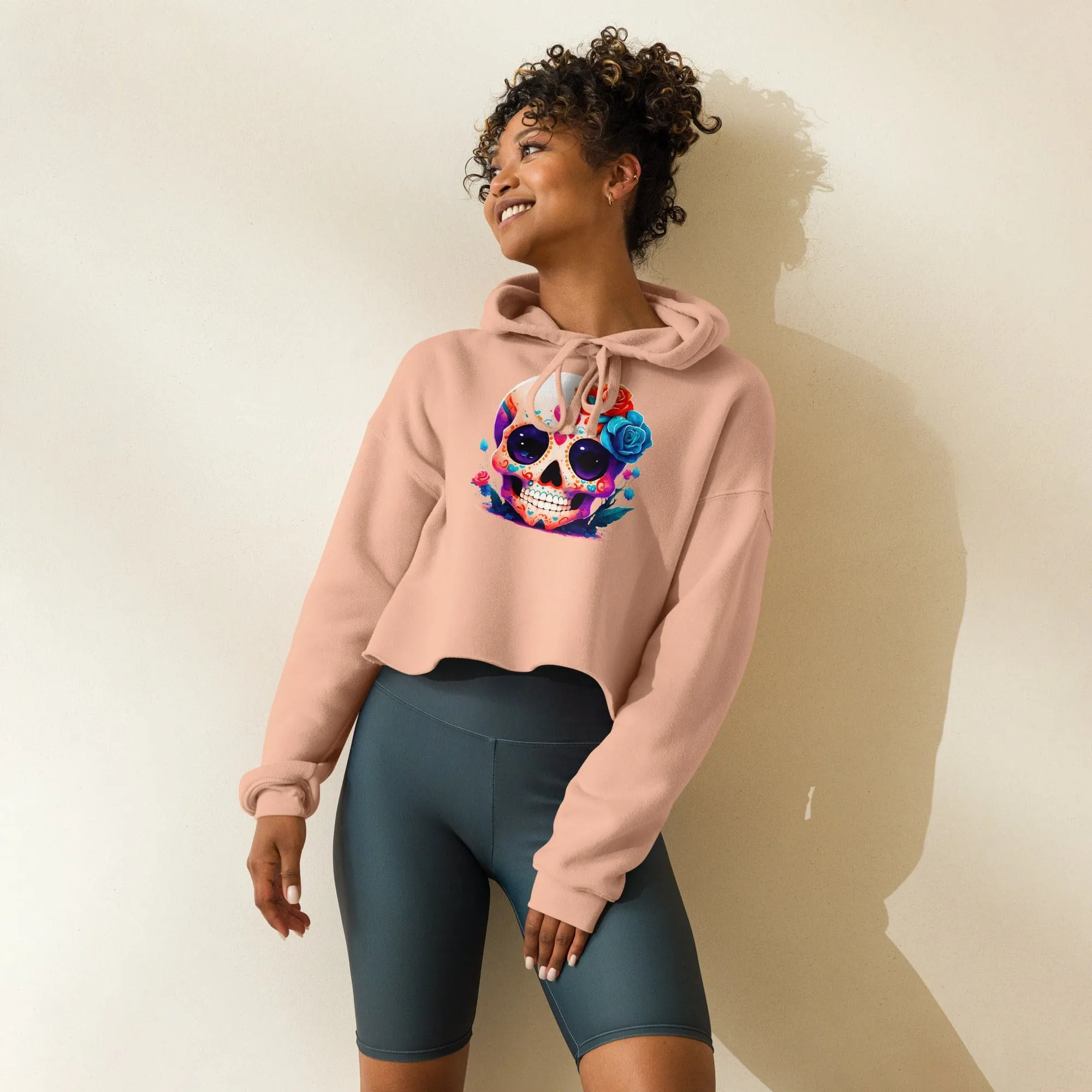 Get Ready to Rock With This Stylish Women's Skull Floral Long Sleeve Crop Hoodie!