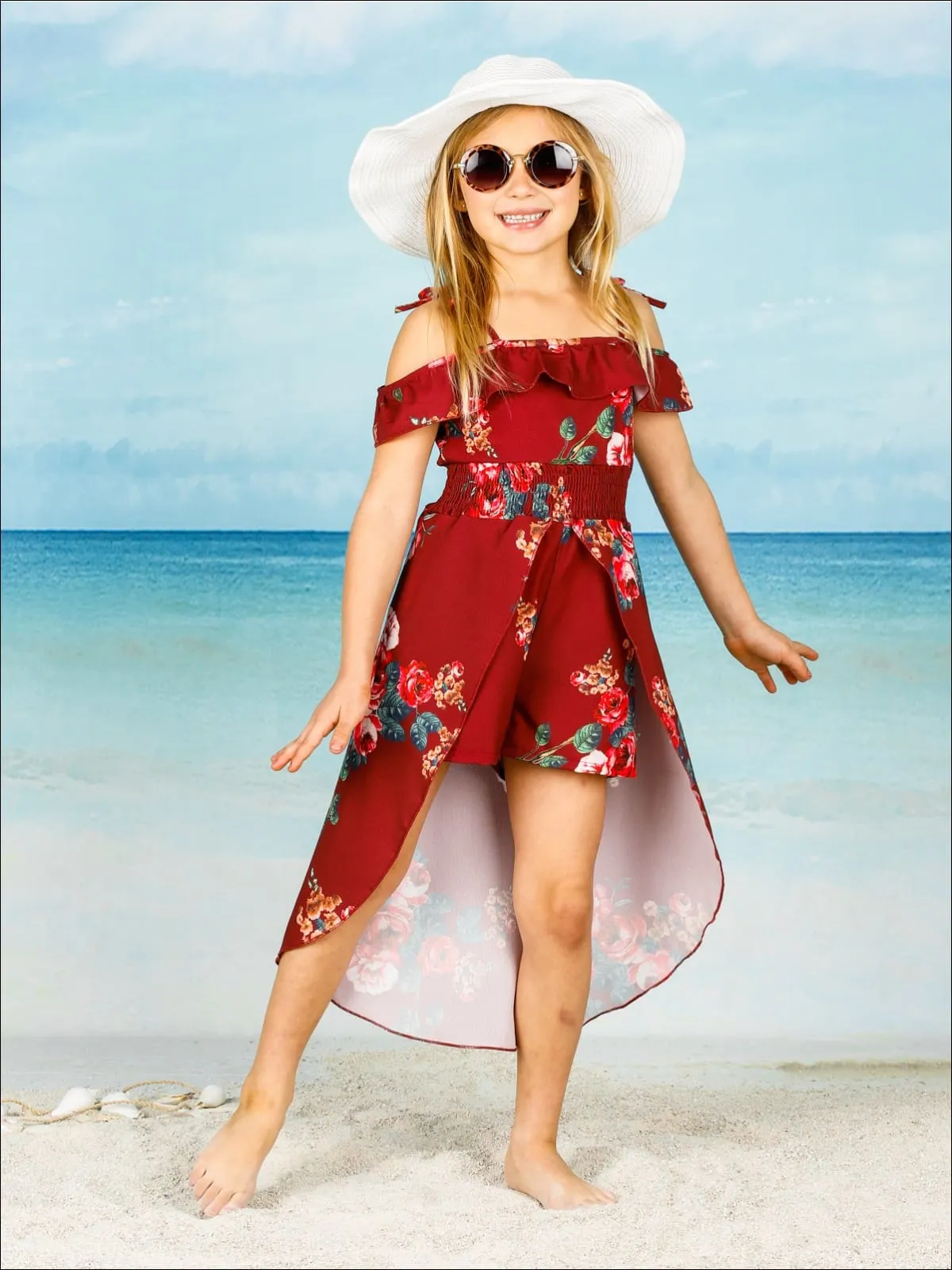 Girls Spring Floral Print Off Shoulder Hi-Low Jumpsuit