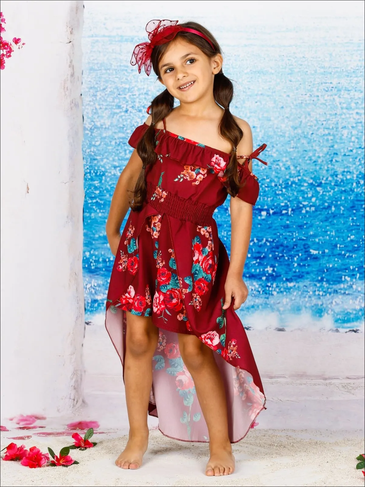 Girls Spring Floral Print Off Shoulder Hi-Low Jumpsuit