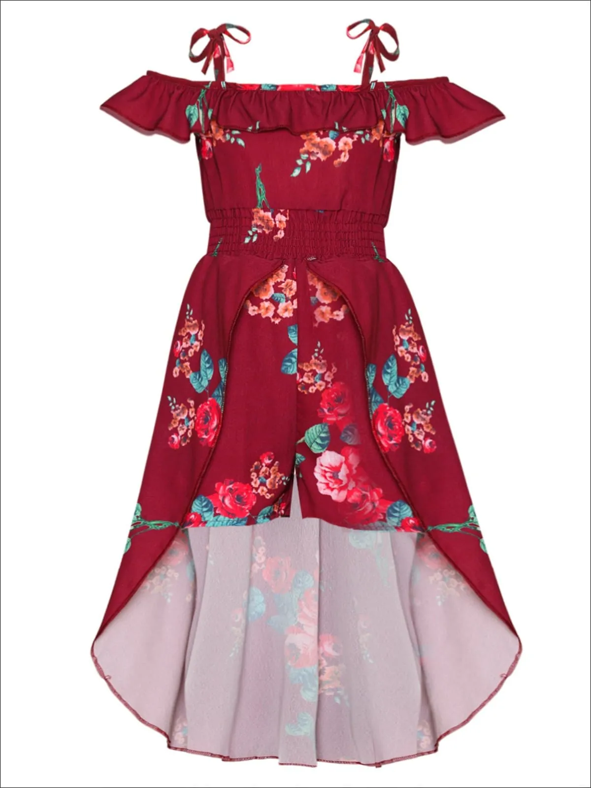 Girls Spring Floral Print Off Shoulder Hi-Low Jumpsuit