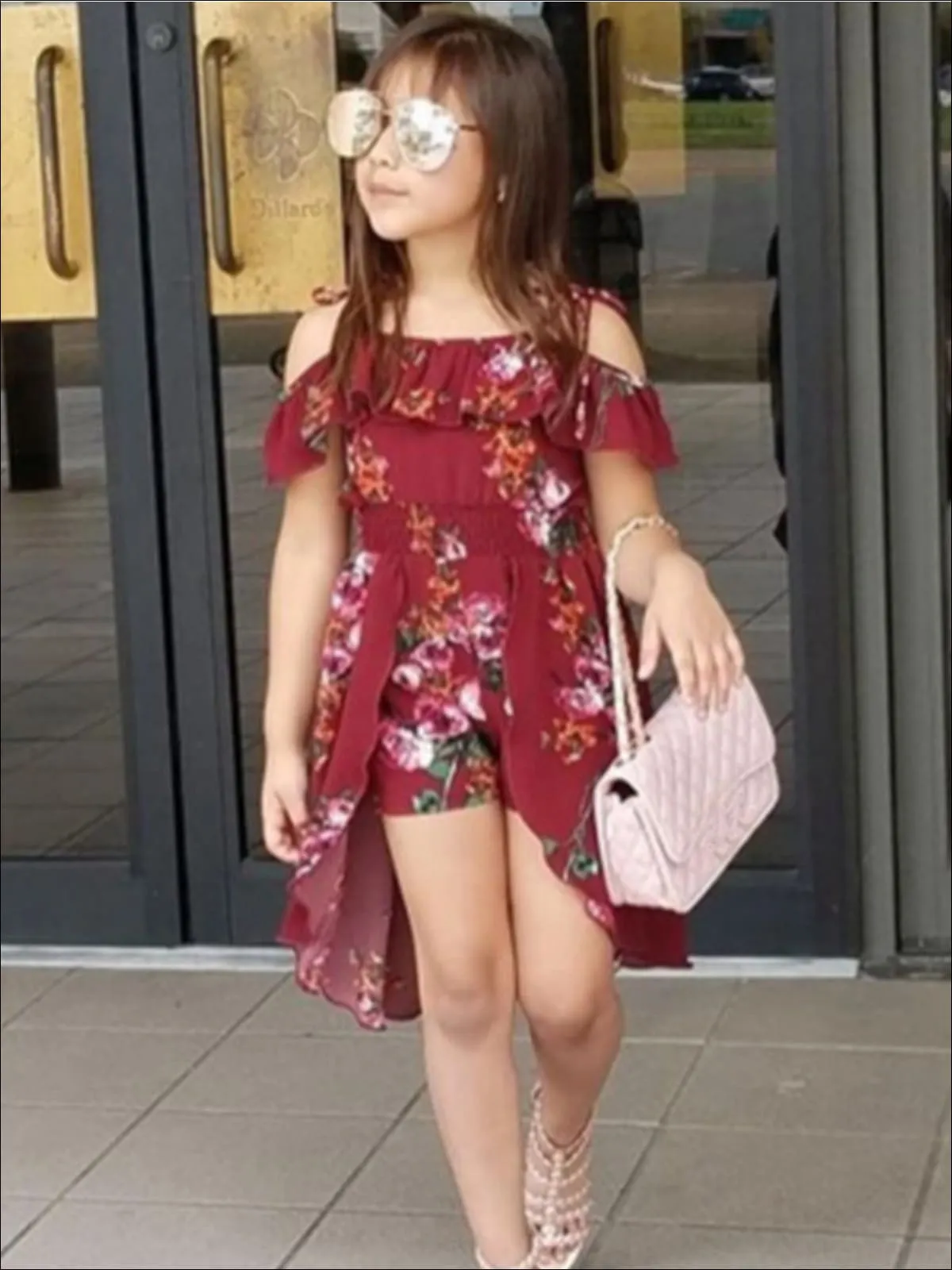 Girls Spring Floral Print Off Shoulder Hi-Low Jumpsuit