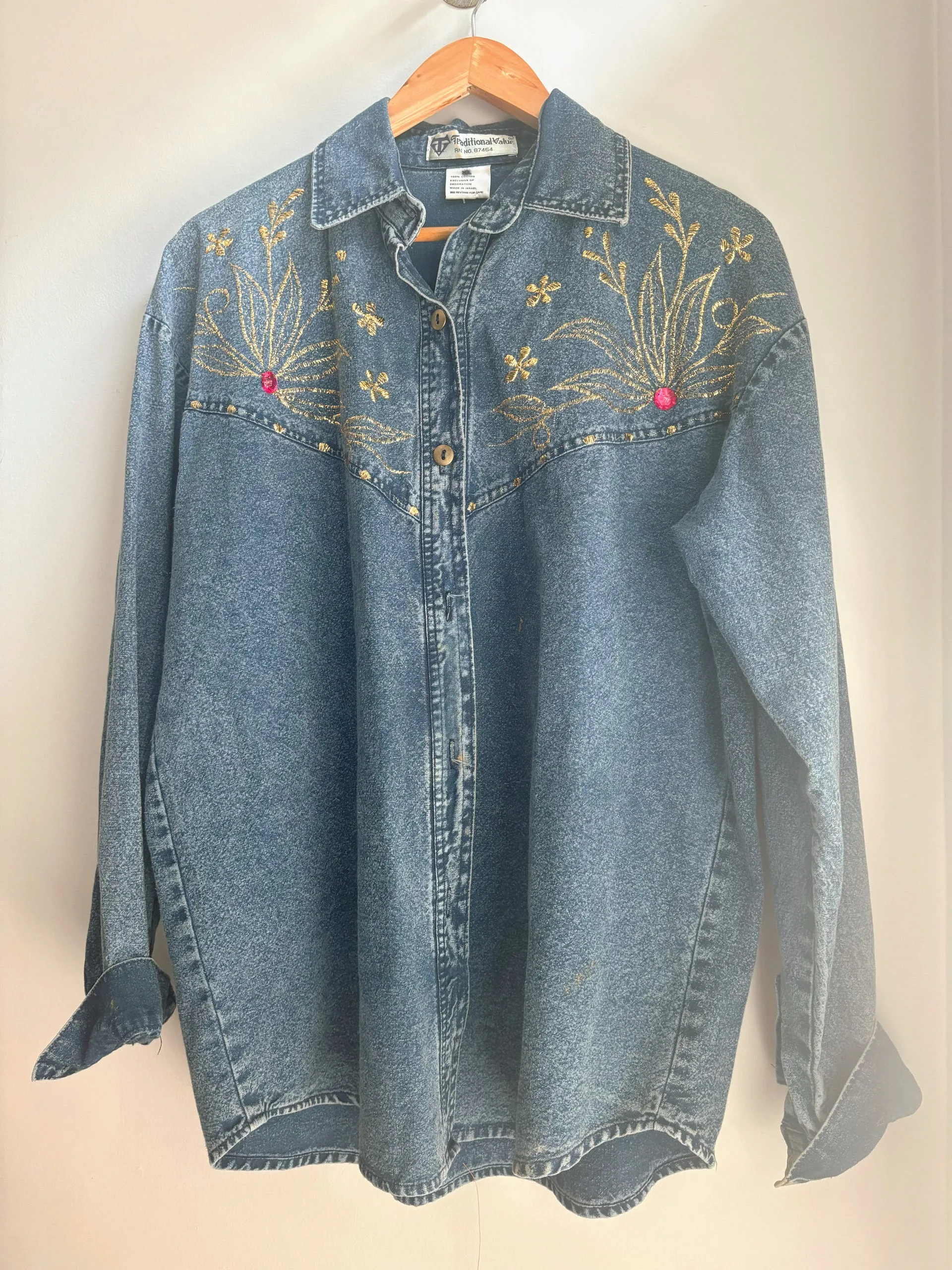 Gold Embroidery with Pink Gem Denim Button Up