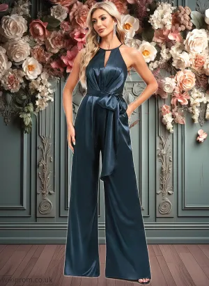 Jaycee Jumpsuit/Pantsuit Halter Floor-Length Stretch Satin Bridesmaid Dress SWKP0025805