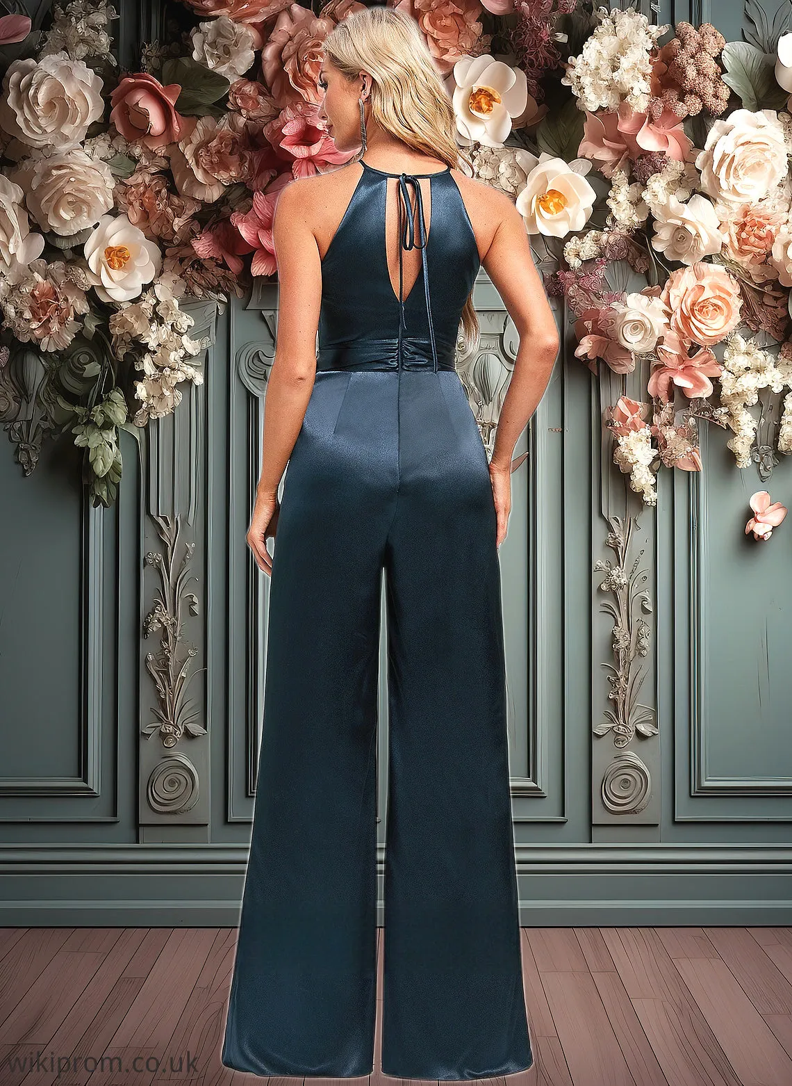 Jaycee Jumpsuit/Pantsuit Halter Floor-Length Stretch Satin Bridesmaid Dress SWKP0025805