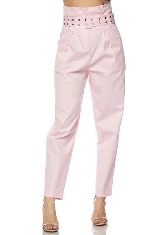 Jolie High Waist Paperbag Pants - Blush