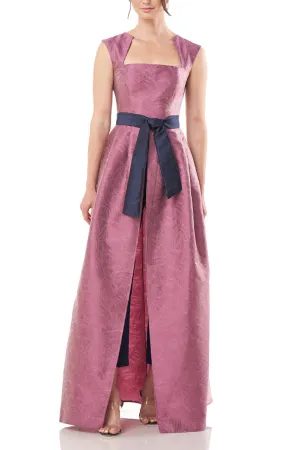 Kay Unger Square Neck Cap Sleeve Tie Waist Zipper Back Mikado Walk thru Jumpsuit with Stretch Crepe Pant