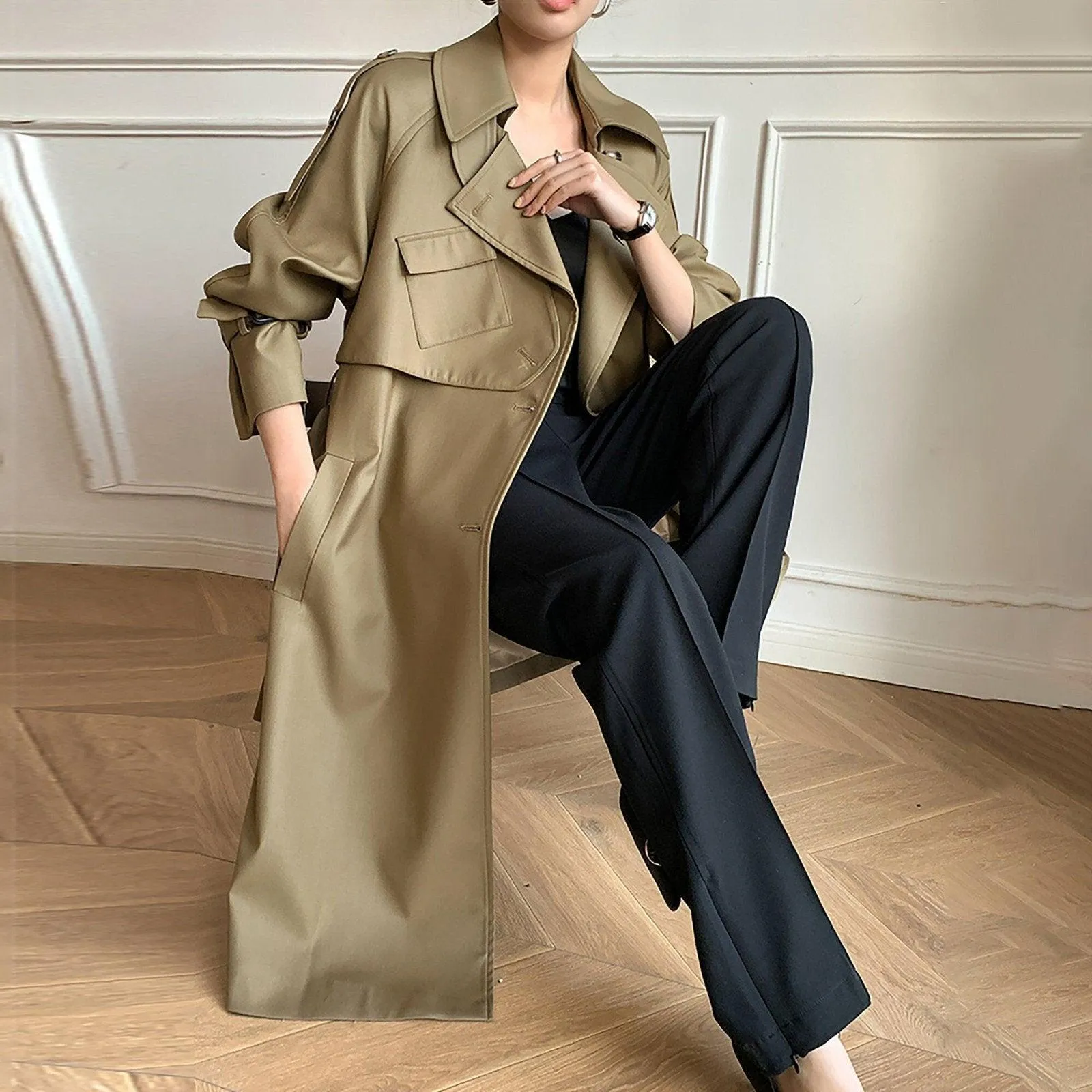 Khaki Epaulet Gun Flap Belted Long Trench Coat