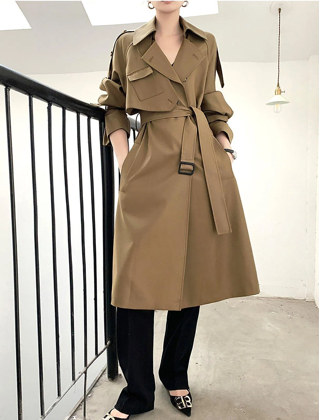 Khaki Epaulet Gun Flap Belted Long Trench Coat