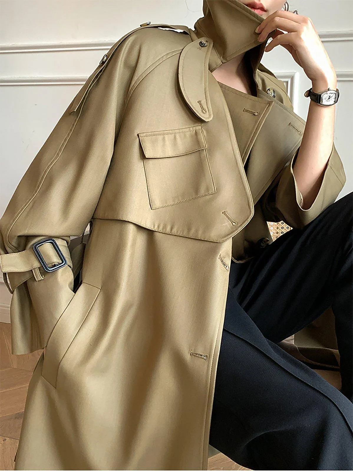 Khaki Epaulet Gun Flap Belted Long Trench Coat