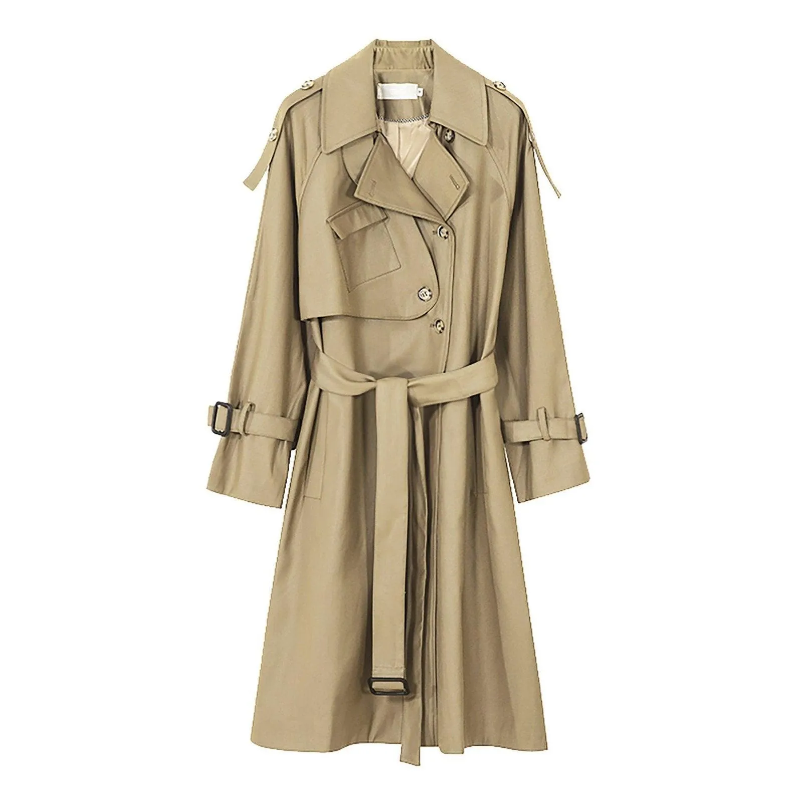 Khaki Epaulet Gun Flap Belted Long Trench Coat