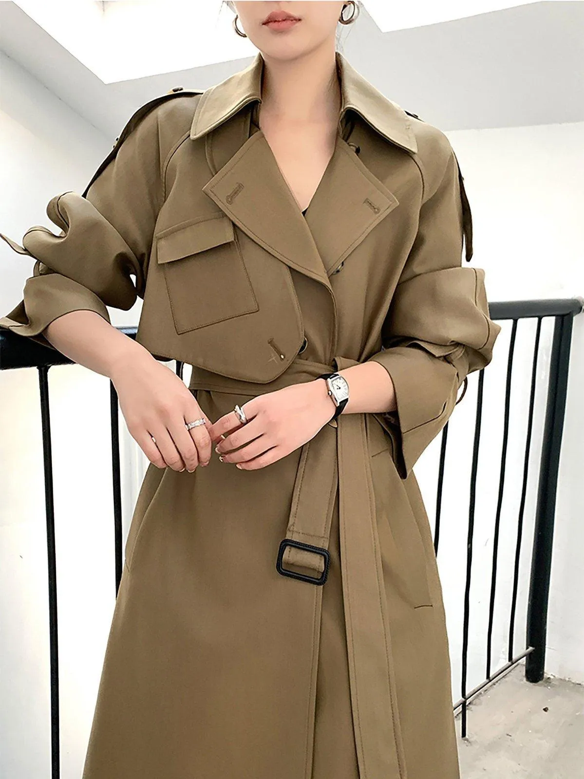 Khaki Epaulet Gun Flap Belted Long Trench Coat