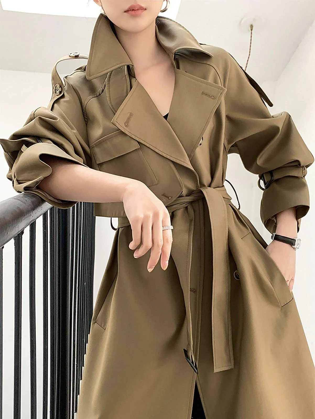 Khaki Epaulet Gun Flap Belted Long Trench Coat