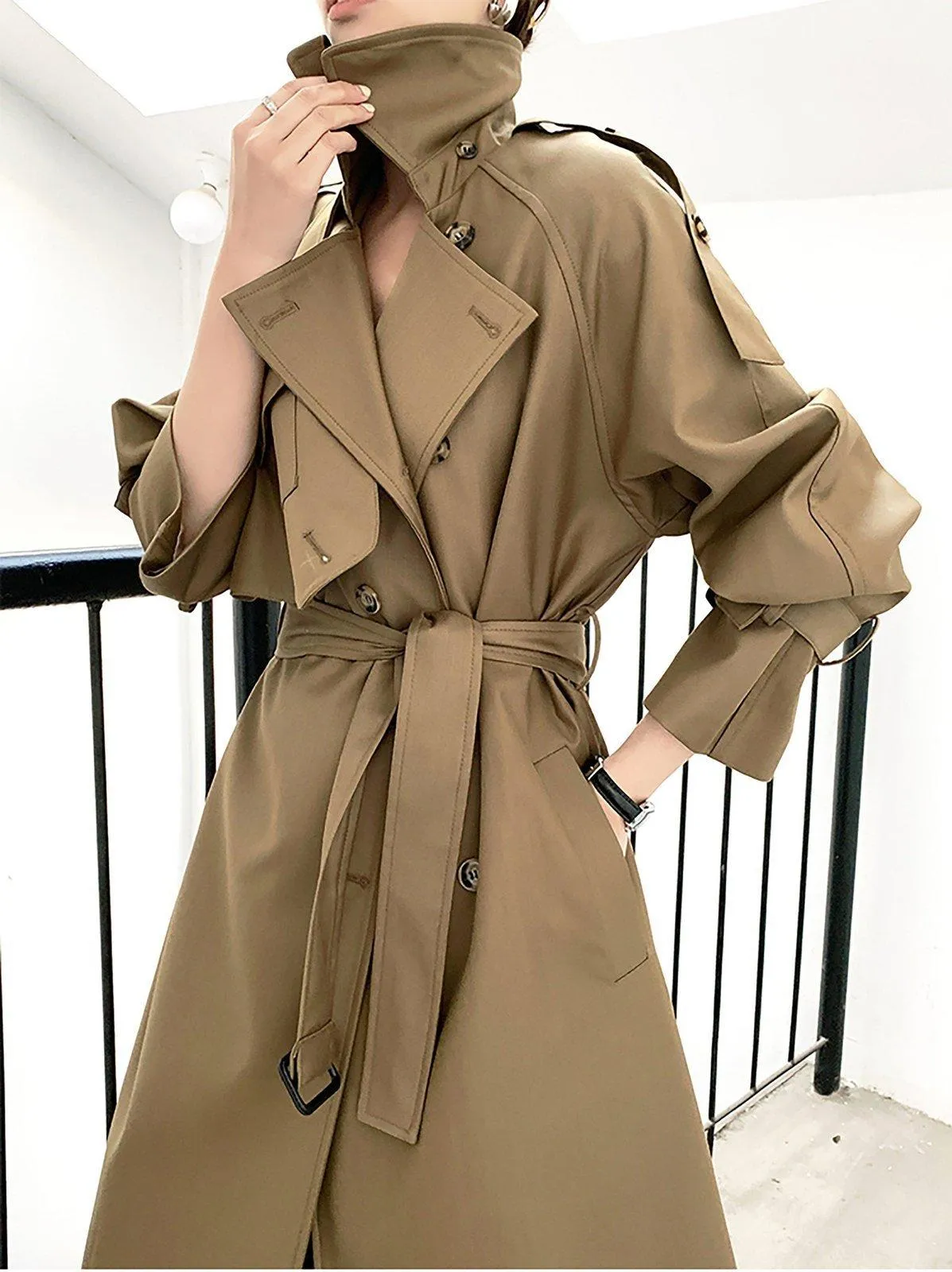 Khaki Epaulet Gun Flap Belted Long Trench Coat