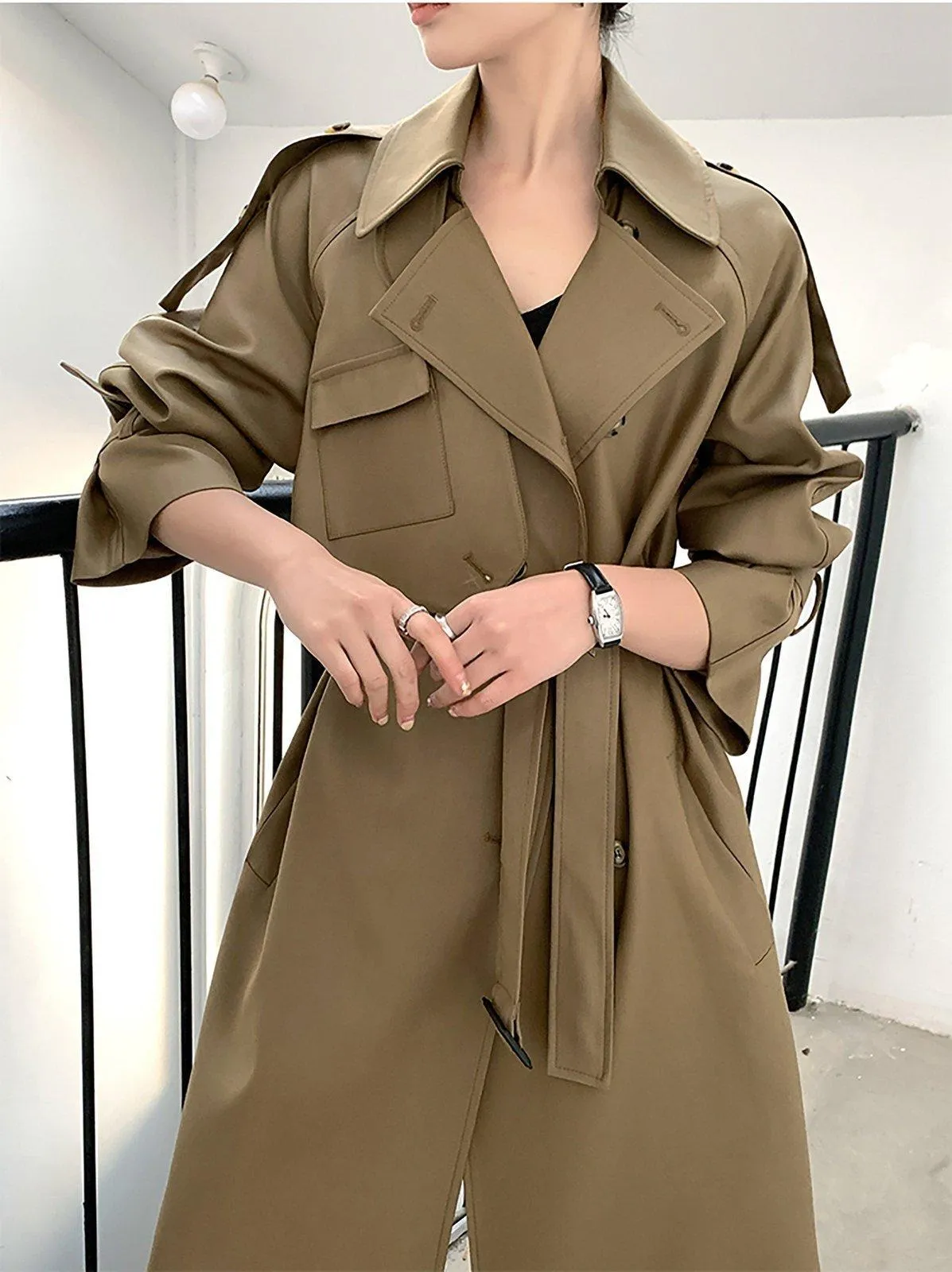 Khaki Epaulet Gun Flap Belted Long Trench Coat