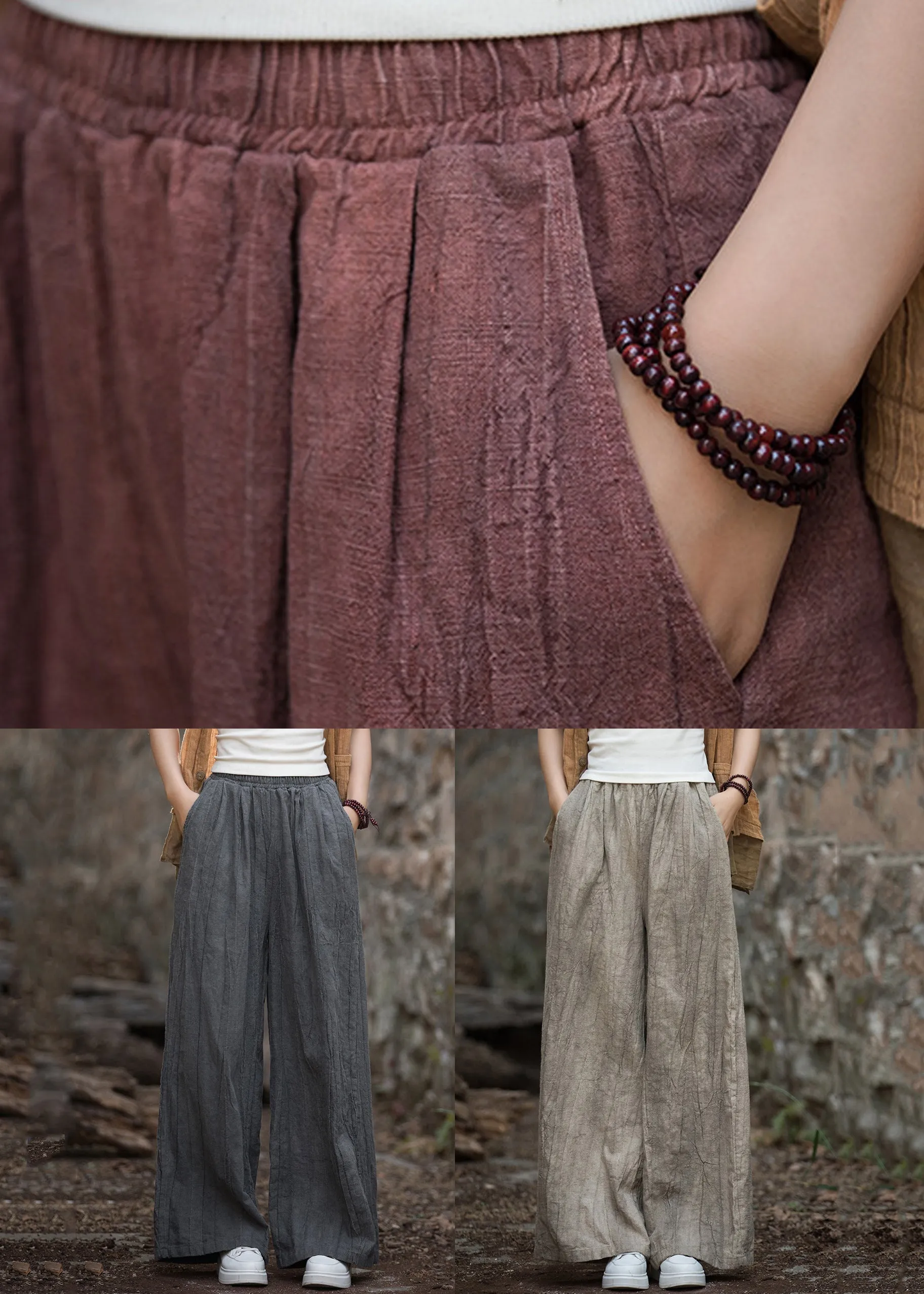 Loose Smoke Red Pockets High Waist Patchwork Linen Pants Fall ML2335