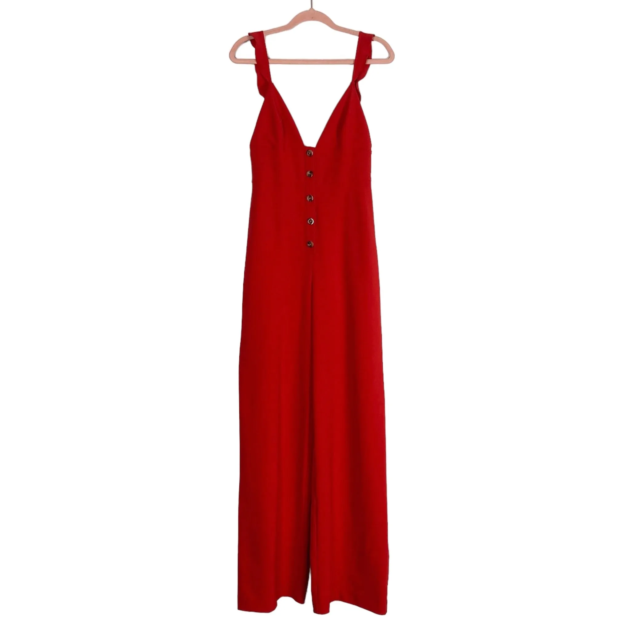 Lovers   Friends Red Ruffle Strap Button Front Jumpsuit NWT- Size S (sold out online)