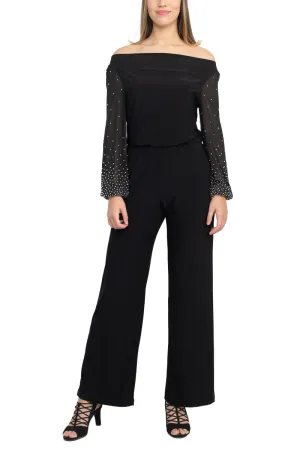 Marina Off Shoulder Embellished Chiffon Long Sleeve Blouson Solid Jersey Jumpsuit