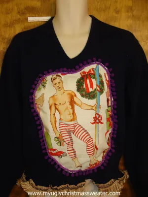 Mens Ski Themed Hottie Guy Ugly Christmas Sweater Pullover