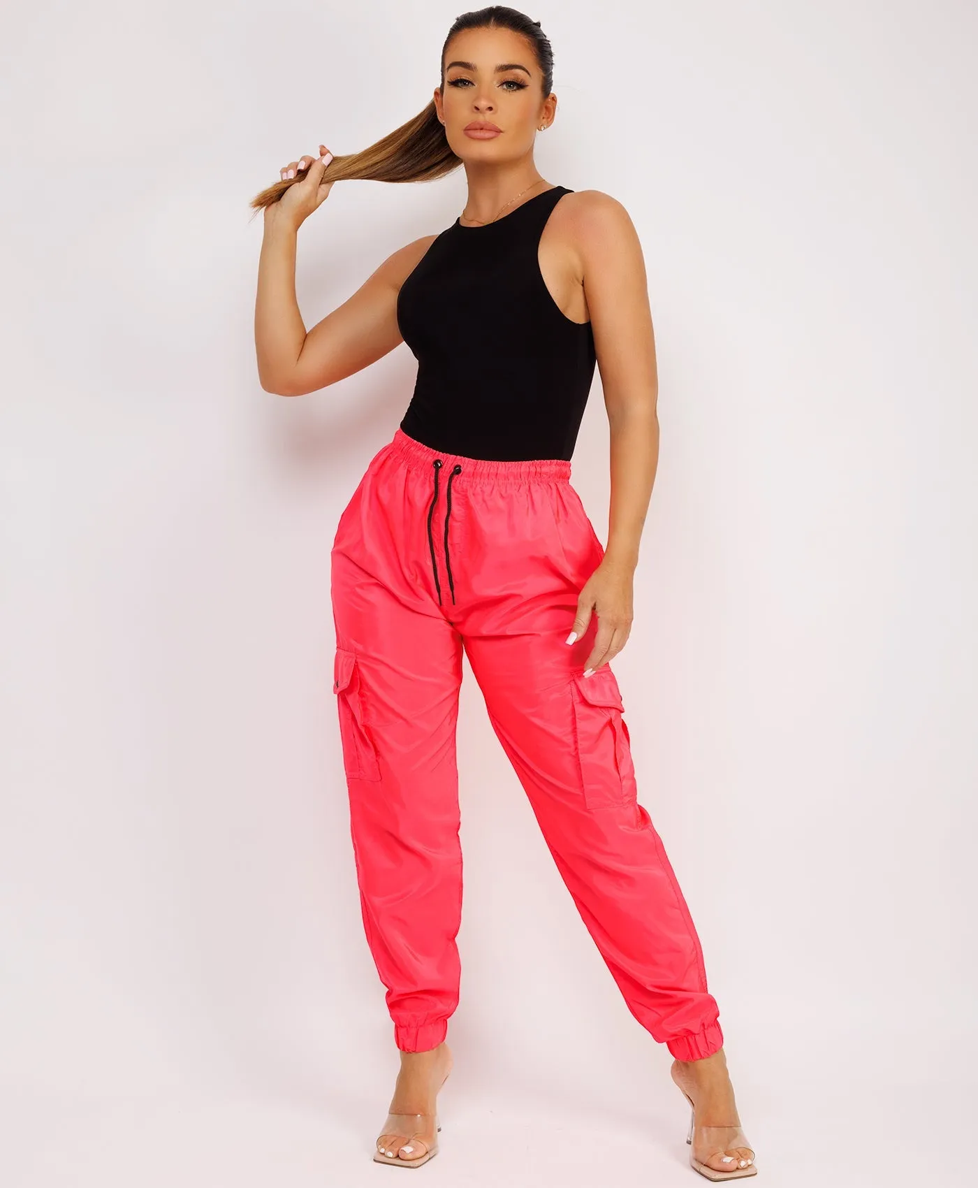 Neon Pink Shell Cuffed Pocketed Cargo Trousers