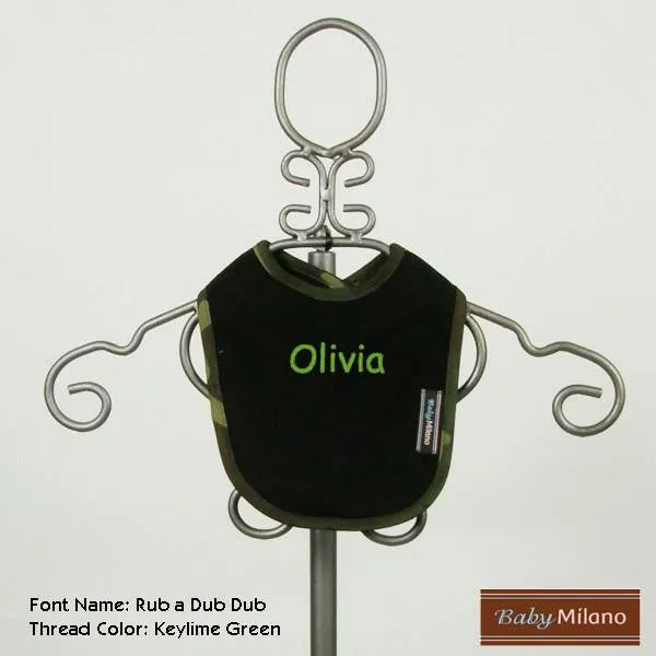 Personalized Black and Green Camo Trim Baby Bib with Name by Baby Milano