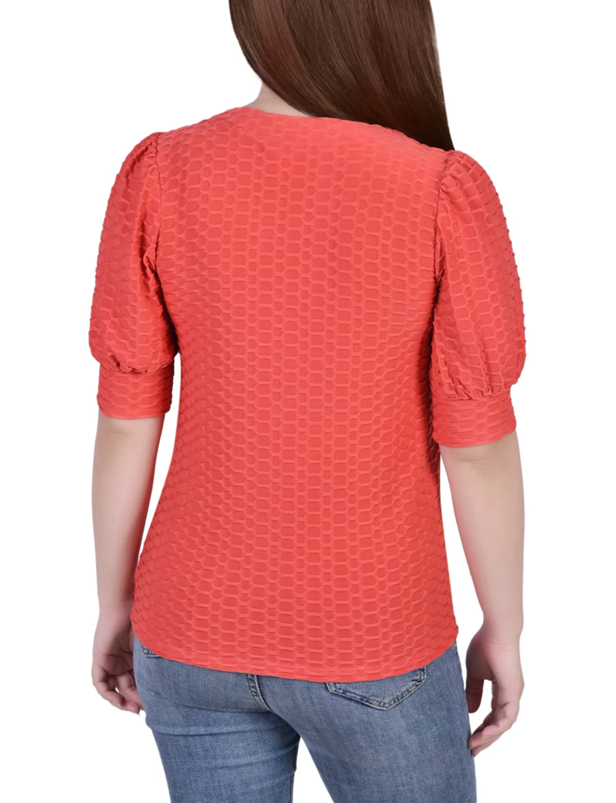 Petite Short Puff Sleeve Honeycomb Top