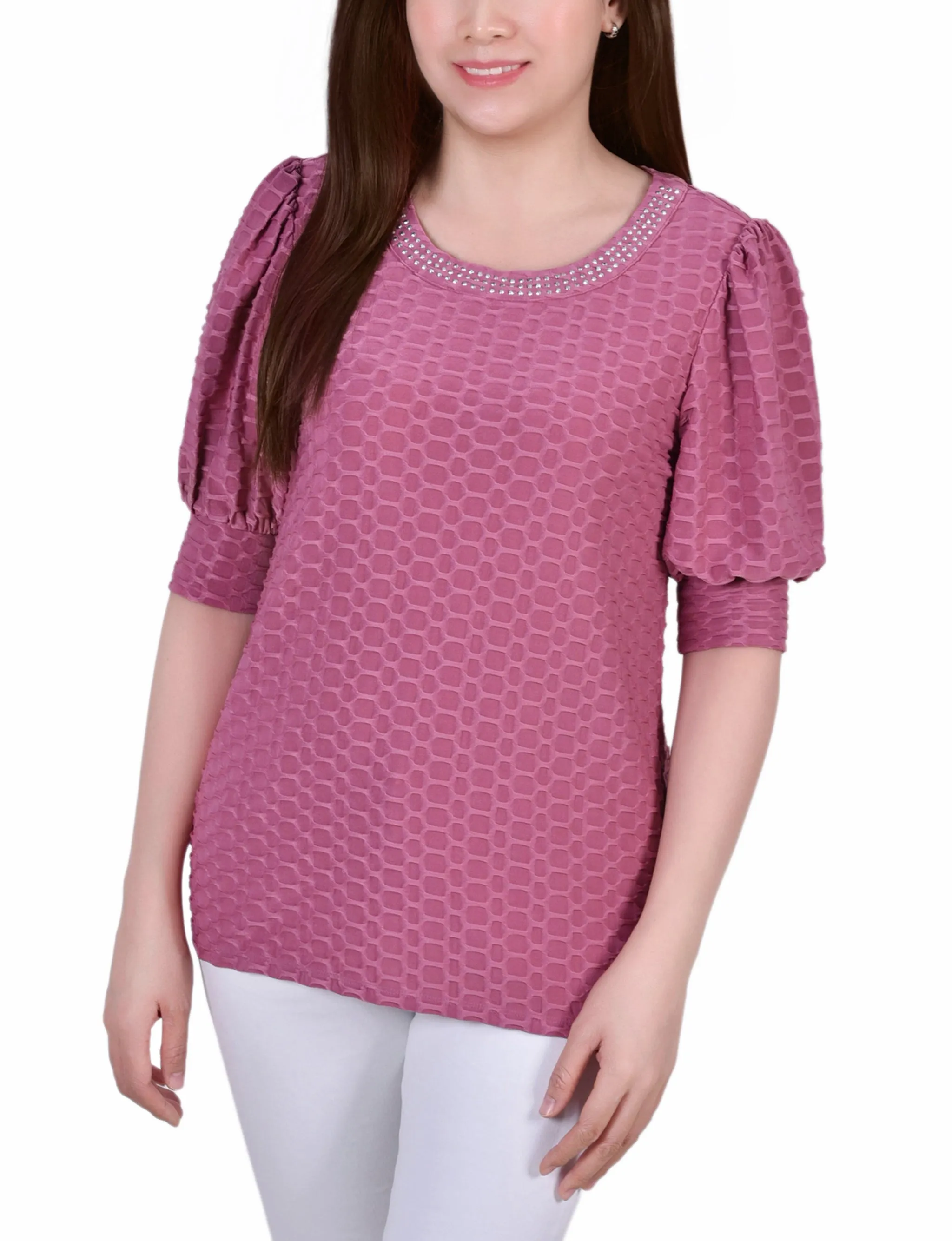 Petite Short Puff Sleeve Honeycomb Top