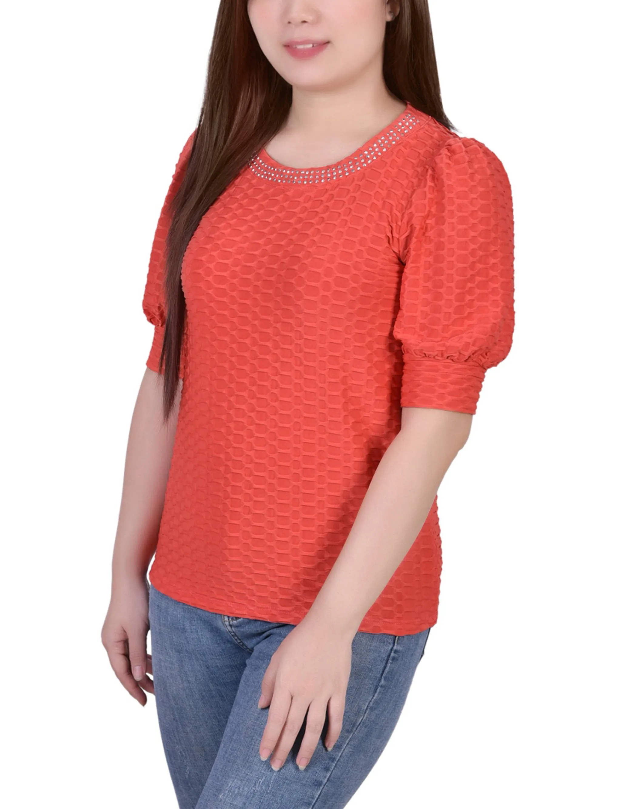 Petite Short Puff Sleeve Honeycomb Top