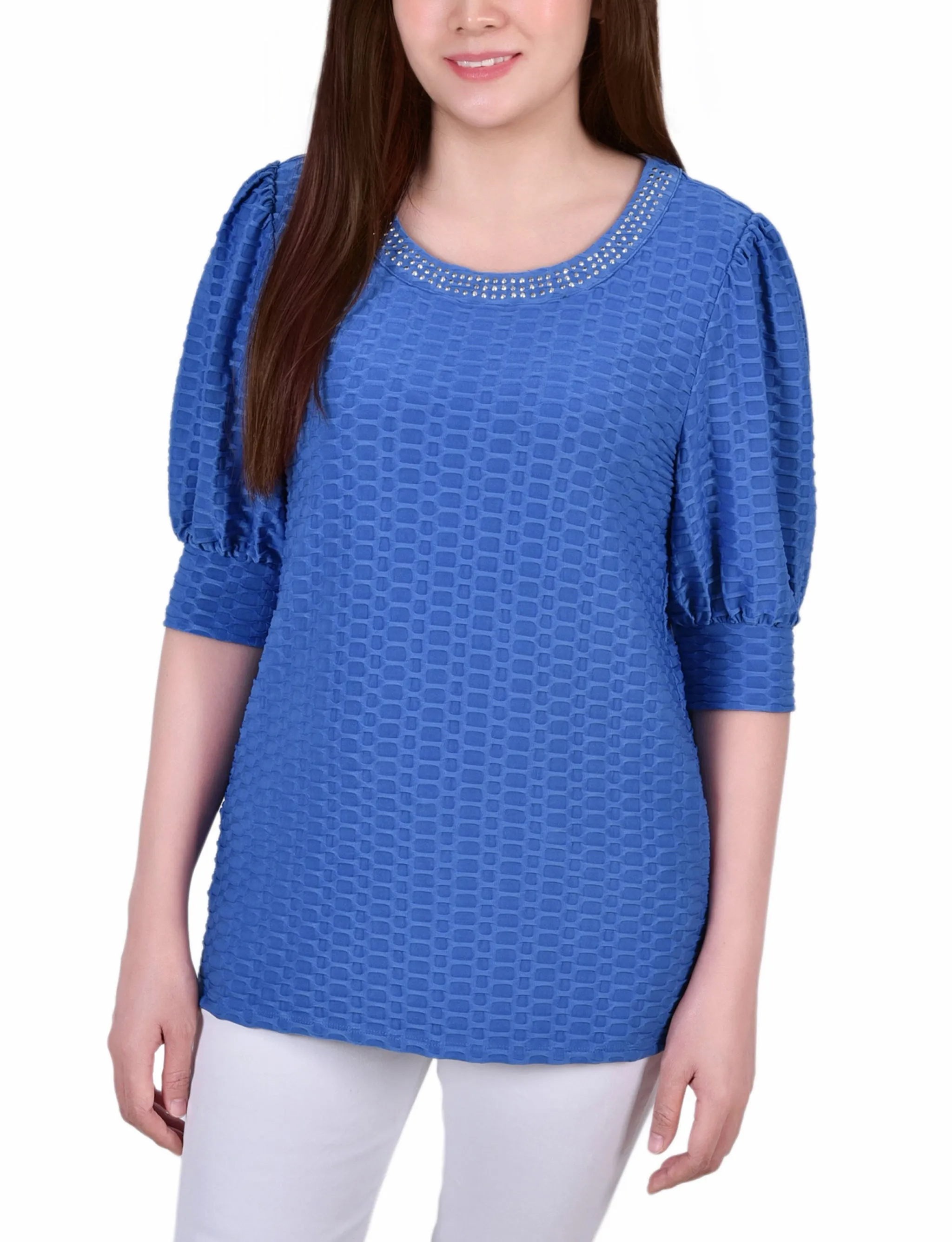 Petite Short Puff Sleeve Honeycomb Top