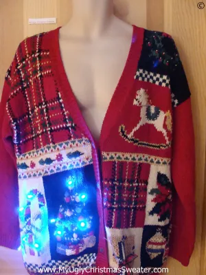 Plaid Christmas Sweater with Lights, Rocking Horse (g293)
