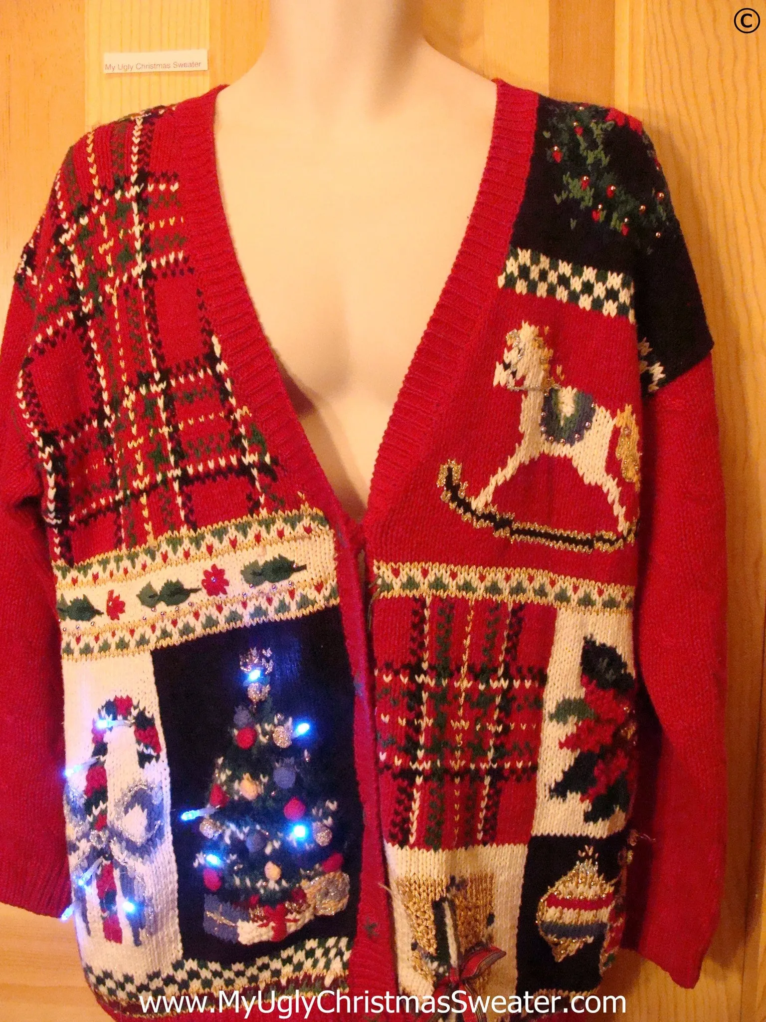 Plaid Christmas Sweater with Lights, Rocking Horse (g293)