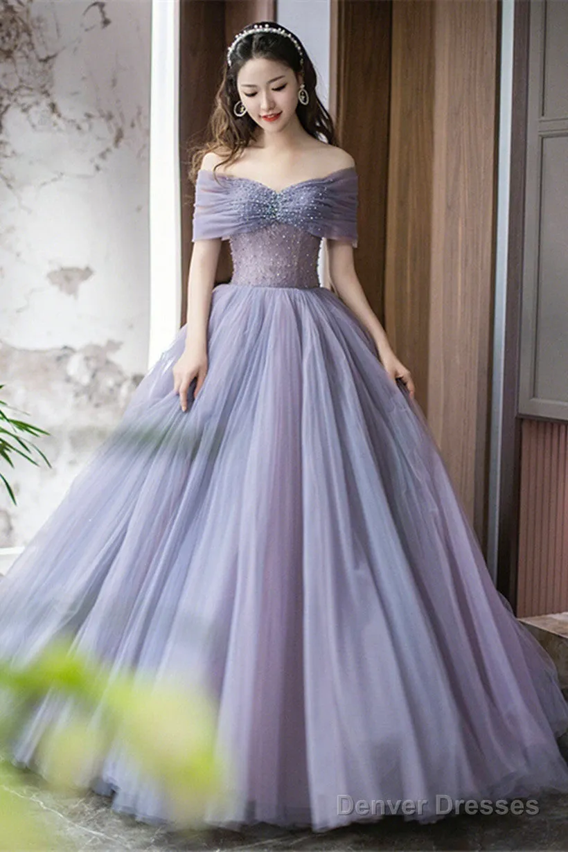 Purple Beaded Tulle Ball Gown Formal Dress, Off Shoulder Sweet 16 Formal Dress