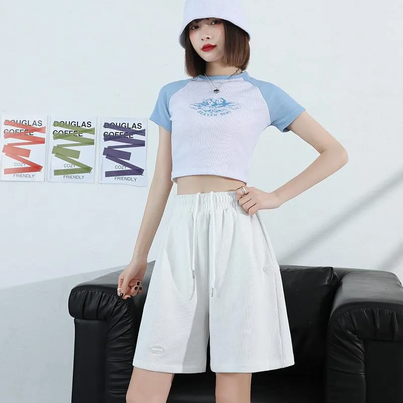 Running Shorts Women Summer Loose Casual High Waist Wide Leg Gray knee length Matching Pants INS Pants Activewear