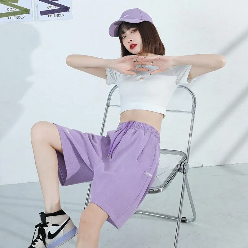 Running Shorts Women Summer Loose Casual High Waist Wide Leg Gray knee length Matching Pants INS Pants Activewear