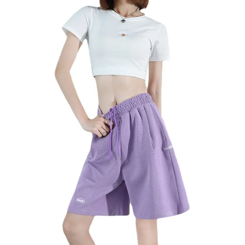 Running Shorts Women Summer Loose Casual High Waist Wide Leg Gray knee length Matching Pants INS Pants Activewear