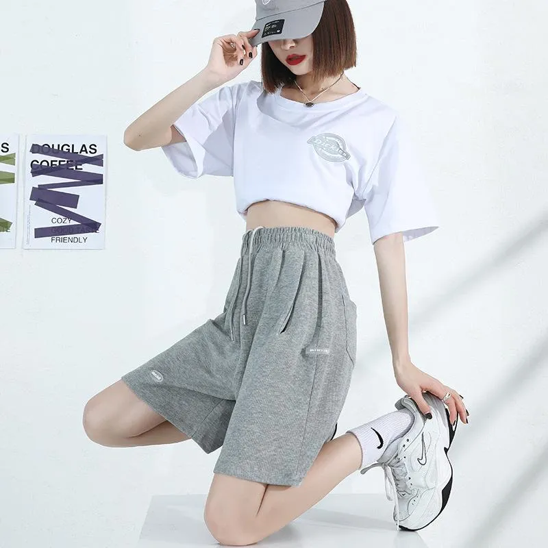 Running Shorts Women Summer Loose Casual High Waist Wide Leg Gray knee length Matching Pants INS Pants Activewear