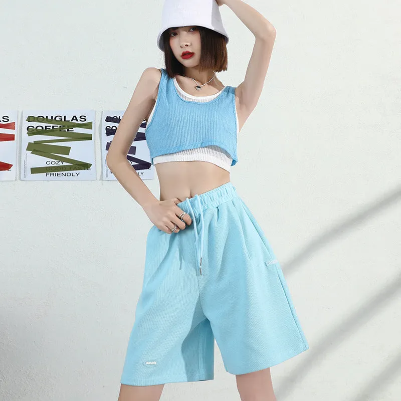 Running Shorts Women Summer Loose Casual High Waist Wide Leg Gray knee length Matching Pants INS Pants Activewear